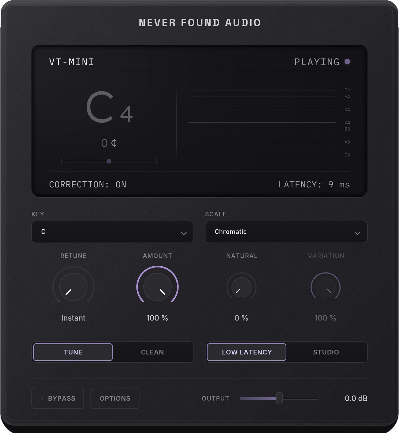 VT-Mini's TUNE page: the detected note, how far off it is, and the retune controls