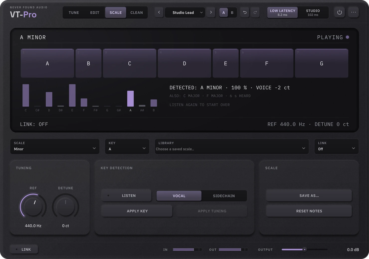 VT-Pro's SCALE page: the notes of the scale, a detected key with its note histogram, reference pitch and detune