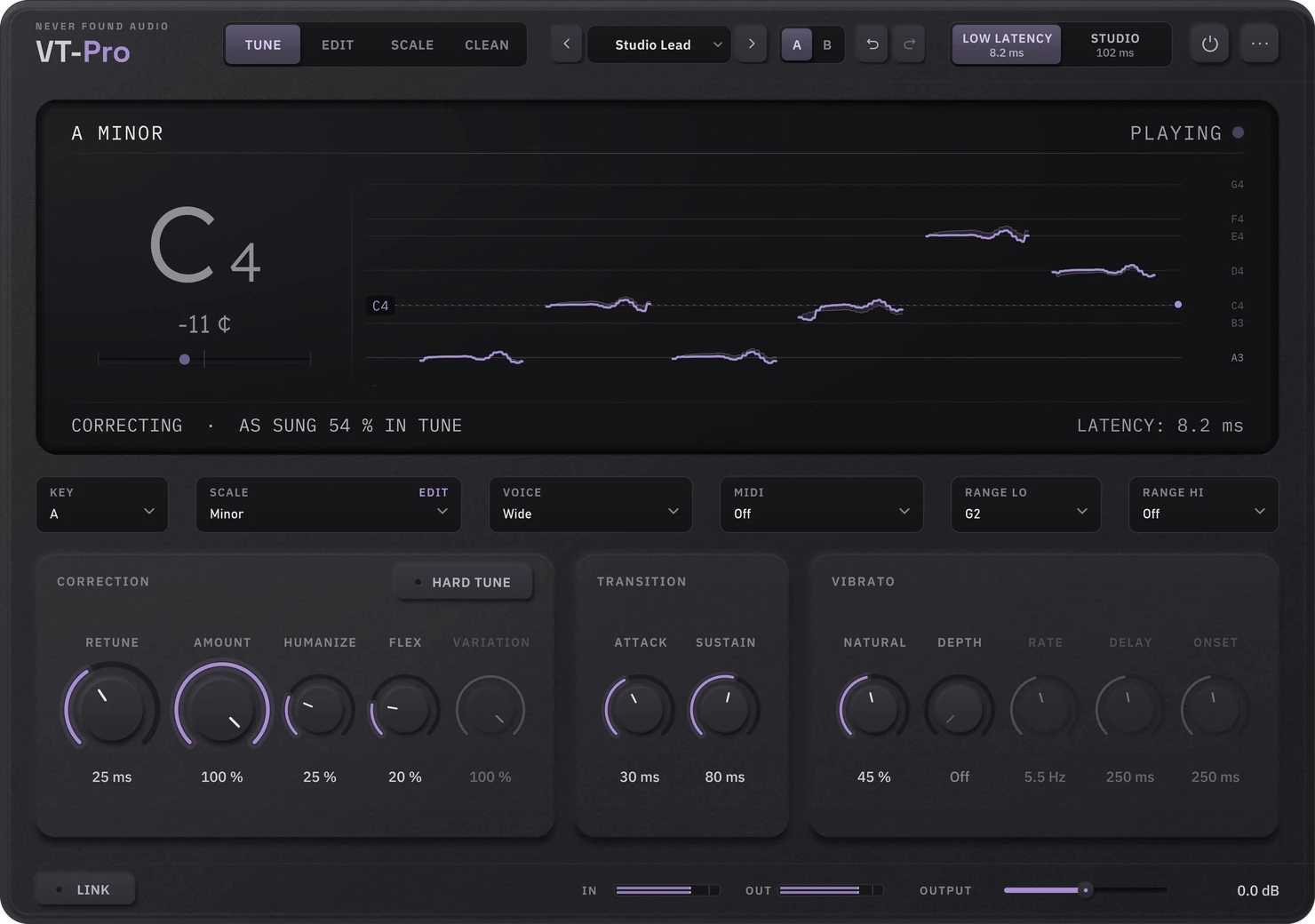 VT-Pro's TUNE page: the detected note and pitch trace, with knobs for retune, humanize, flex and vibrato